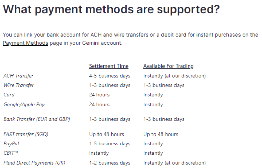 Gemini Exchange Deposits Processing Time?