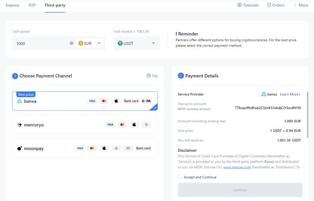 MEXC Buy crypto using credit or debit card